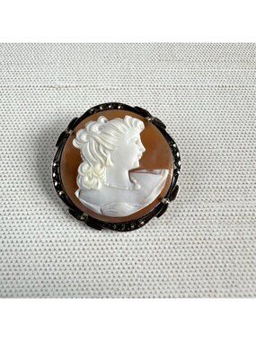 Sterling Silver Shell Cameo Brooch Pendant Marcasite Carved Lady Convertible Pin